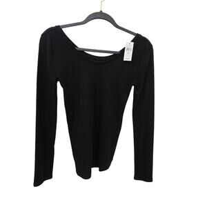 New NWT Loft Double Scoop Neck Long Sleeve Black Tee Size XXS